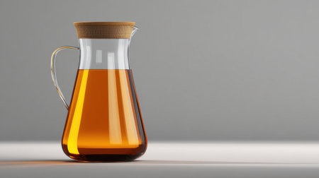 A stylish glass pitcher featuring a wooden lid, filled with golden liquid, positioned elegantly against a minimalist backdrop, ideal for modern kitchen or dining aesthetics.の素材