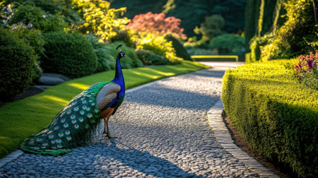 A stunning peacock walks gracefully along a garden path, showcasing its vibrant feathers amidst lush greenery and colorful blooms, creating a serene outdoor scene.の素材