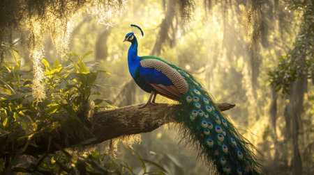 A stunning peacock stands gracefully on a branch, showcasing its vibrant feathers in a serene tropical setting, with soft sunlight filtering through the lush greenery.の素材