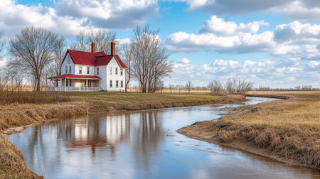 A picturesque farmhouse sits gracefully beside a gentle creek, surrounded by lush fields and vibrant trees. The sky is filled with fluffy clouds, capturing the essence of rural tranquility.の素材