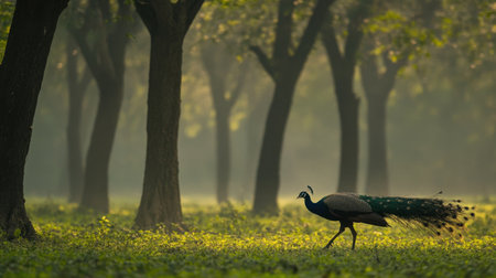 A stunning peacock strolls through a tranquil forest, showcasing its vibrant plumage against a backdrop of tall trees and lush greenery. Ideal for nature-themed projects.の素材
