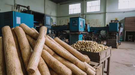 A view of an industrial workshop showcasing stacked wooden logs and processed roots. This setting has robust machinery, providing insights into manufacturing and processing activities.の素材