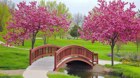 A picturesque spring scene showcasing a beautiful wooden bridge surrounded by vibrant cherry blossom trees. The lush green landscape invites tranquility and nature appreciation.の素材