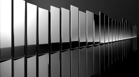 This captivating abstract image showcases vertical panels reflecting on a smooth surface, creating a striking monochrome aesthetic with a dynamic interplay of light and shadow.の素材