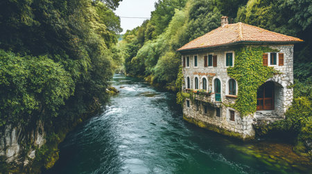 This enchanting cottage sits by a serene river, embraced by lush foliage and vibrant nature. A perfect image for evoking peace, relaxation, and tranquil escapes.の素材