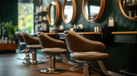 A modern hair salon featuring stylish chairs and circular mirrors, showcasing an inviting interior with an emphasis on comfort and aesthetics in a contemporary setting.の素材