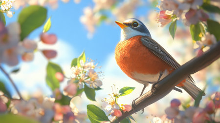 A stunning bird sitting gracefully on a blooming branch surrounded by delicate flowers and warm sunlight, capturing the essence of spring in a peaceful garden.の素材
