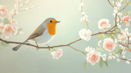 A charming robin stands on a branch, framed by soft pastel blossoms. This serene scene captures the essence of nature's beauty, perfect for springtime inspiration.の素材