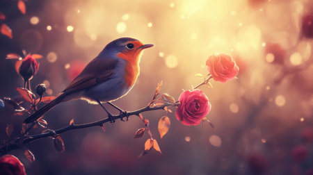 A stunning bird rests gracefully on a branch of roses, bathed in soft golden light. This enchanting scene captures the essence of nature's beauty and tranquility.の素材