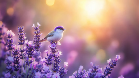 A vibrant bird sits gracefully on blooming lavender flowers, basking in soft sunlight. This enchanting scene captures the beauty and tranquility of nature in springtime.の素材