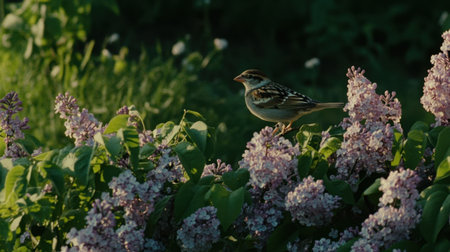 A charming scene of a bird resting on lilac flowers surrounded by vibrant greenery, capturing the serenity of nature and the beauty of spring in the golden sunlight.の素材