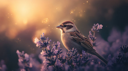 A beautiful sparrow sits gracefully on blooming lavender, captured during a serene sunset. The soft glowing lights create a magical and tranquil atmosphere.の素材
