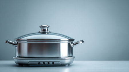 A sleek stainless steel cooking pot with a reflective surface exhibits modern design elements. Perfect for culinary displays, this pot enhances any kitchen's aesthetic.の素材