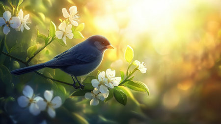 A charming blue bird sits quietly on a flower-laden branch as warm sunlight brightly illuminates a tranquil outdoor scene, inviting a sense of peace and beauty.の素材