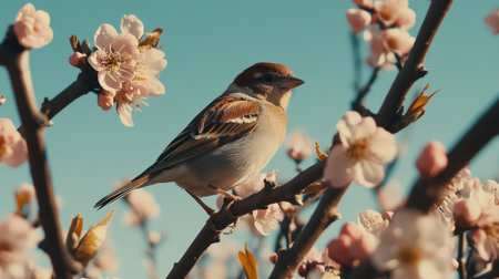 A stunning avian portrait featuring a bird resting on a branch adorned with delicate pink blossoms, complemented by a clear blue sky, embodying springtime charm.の素材
