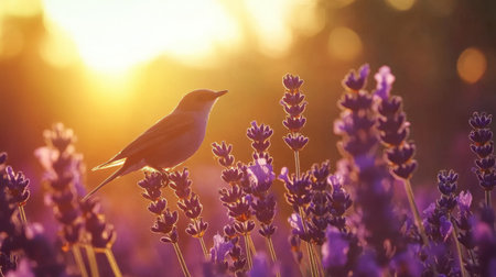 A beautiful bird perched gracefully among vibrant lavender flowers, set against a warm sunset backdrop, creates a tranquil and serene natural scene perfect for relaxation.の素材