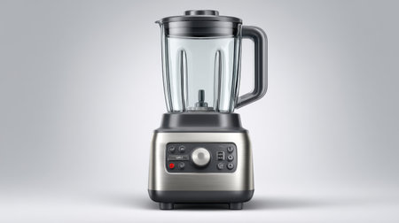 This modern kitchen blender features a transparent jar and sleek metal base, perfect for food preparation in any contemporary culinary space. Ideal for smoothies and sauces.の素材