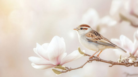 A stunning small bird sits gracefully on a magnolia branch, surrounded by ethereal blooms. The softly colored background evokes a tranquil spring atmosphere.の素材