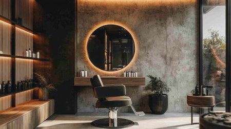A sleek and modern salon interior captures the essence of contemporary design. The stylish barber chair and ambient lighting create a soothing atmosphere for beauty services.の素材