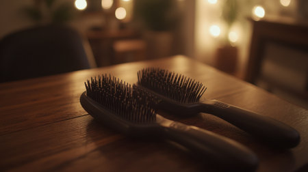 This image captures two hair brushes resting on a wooden table, enhanced by the warm glow of ambient lights, evoking a cozy and inviting atmosphere perfect for personal care.の素材