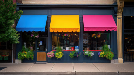 Vibrant storefront with colorful awnings and beautiful flower arrangements, showcasing the charm of urban shopping districts and inviting visitors to explore local businesses.の素材