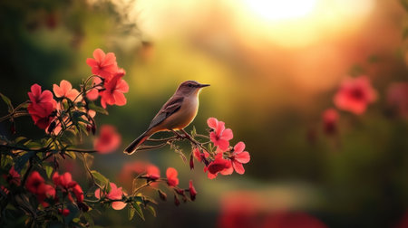 A beautiful bird sits gracefully on a branch adorned with vibrant flowers during a stunning sunset. This serene outdoor scene captures the essence of nature's beauty.の素材
