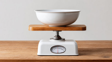 A vintage kitchen scale featuring a white bowl on a wooden platform. Ideal for food preparation, cooking scenes, or lifestyle photography in modern home settings.の素材