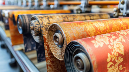 Close-up view of vibrant rolls of textured fabric featuring intricate patterns, showcasing the art of textile creation in a dynamic manufacturing environment.の素材