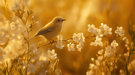 A captivating scene featuring a gentle yellow bird perched delicately on a branch adorned with white flowers, illuminated by the warm glow of golden sunlight.の素材