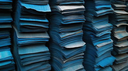 A visually striking arrangement of blue paper sheets stacked neatly, showcasing various shades and textures perfect for creative projects, backgrounds, or commercial use.の素材