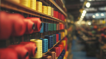 A vibrant display of colorful spools of thread arranged neatly on a wooden rack in a workshop, showcasing a creative atmosphere and rich textures for textile projects.の素材