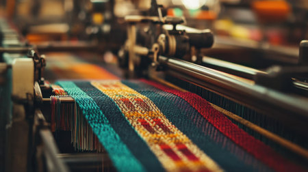 Discover the intricate process of traditional loom weaving, showcasing vibrant textiles crafted with skill and artistry in a bustling artisan workshop environment.の素材