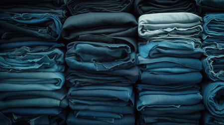 A visually pleasing arrangement of neatly stacked denim fabrics in various shades of blue displays a strong aesthetic appeal for the fashion and textile industry.の素材