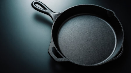 A high-quality black cast iron skillet is displayed on a smooth dark surface, perfect for cooking delicious meals. Ideal for both home cooks and professional chefs.の素材