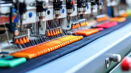 This image showcases an industrial embroidery machine in action, with vibrant threads creating intricate designs on fabric, highlighting the blend of technology and artistry.の素材