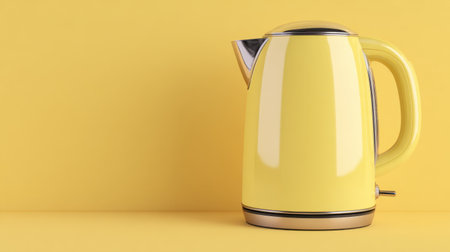 This bright yellow electric kettle stands against a solid yellow backdrop, combining modern design with functionality, ideal for adding a pop of color to any kitchen.の素材