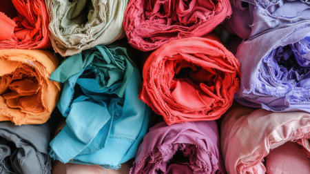 A vibrant arrangement of rolled fabrics in assorted colors and textures, ideal for fashion designers, crafters, and artists seeking inspiration or materials for projects.の素材