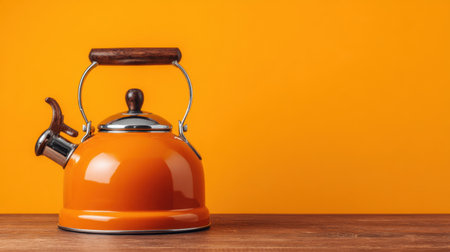 A vibrant orange kettle sits on a wooden table, contrasting against a bright orange background. This image captures the essence of modern kitchen decor and cooking inspiration.の素材