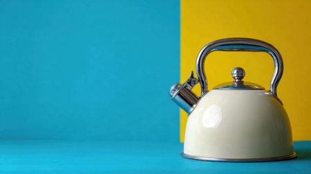 A stylish pastel kettle rests on a vibrant surface, merging modern design with cozy aesthetics. Perfect for showcasing kitchen simplicity and elegance.の素材