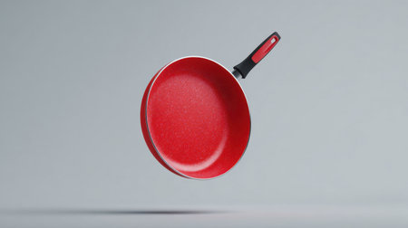 A striking red frying pan featuring a non-stick surface and a comfortable handle, captured mid-air against a soft gray backdrop, ideal for kitchen-themed visuals.の素材