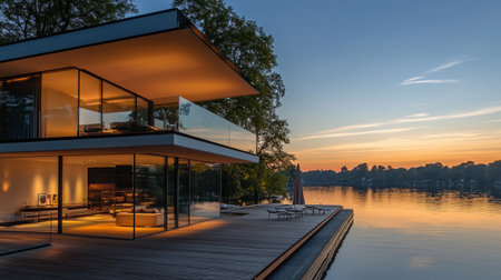 Stunning modern house with large glass walls and a wooden terrace at sunset. This tranquil lakeside retreat provides breathtaking views and serene surroundings.の素材