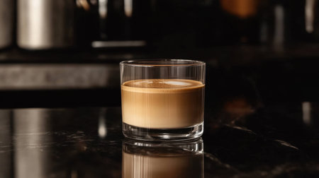 A creamy coffee beverage served elegantly in a glass, featuring rich layers against a dark countertop, perfect for invoking moments of relaxation and indulgence.の素材