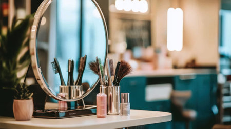 A beautifully arranged salon scene featuring a sleek mirror, various hairbrushes, and skincare products on a stylish table, creating an inviting space for beauty treatments.の素材