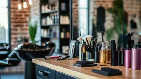 A glimpse into a modern hair salon featuring organized tools, stylish products, and a warm atmosphere. Perfect for beauty and wellness inspirations.の素材