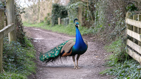 A stunning peacock stands proudly on a dirt path, showcasing its vibrant feathers in a serene rural setting. Captivating nature and wildlife moments await.の素材