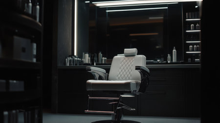 This image showcases a modern barber chair in a minimalist barbershop setting, highlighting a stylish interior with ambient lighting and neatly arranged grooming products.の素材