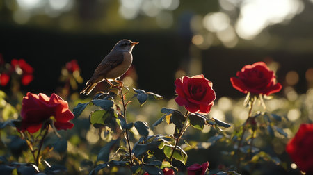 A charming bird sits atop vibrant red roses in a serene garden, illuminated by the soft rays of sunlight during the golden hour, creating a picturesque nature scene.の素材