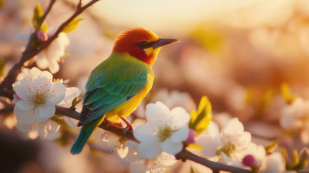 A stunning tropical bird rests gracefully on a cherry blossom branch during sunset, showcasing vibrant colors and capturing the serene beauty of nature.の素材