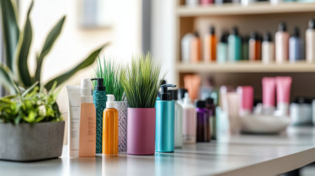 A bright and modern display of beauty products arranged with lush greenery, offering a fresh and inviting atmosphere perfect for beauty and wellness themes.の素材
