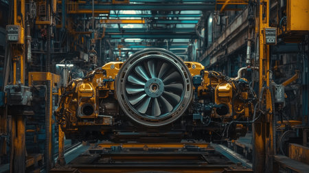 A striking industrial turbine engine is showcased on an assembly line, highlighting intricate components and high-tech manufacturing processes in a modern facility.の素材